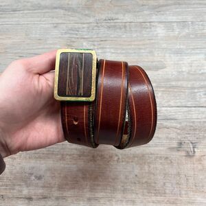 Trinity Leather Belt 32 Brown Brass Buckle Exotic Wood Inlay Western Vintage